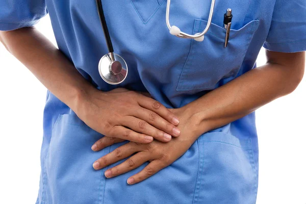 Gros Plan Des Mains Infirmière Pressant Estomac Douloureux Raison Problèmes — Photo