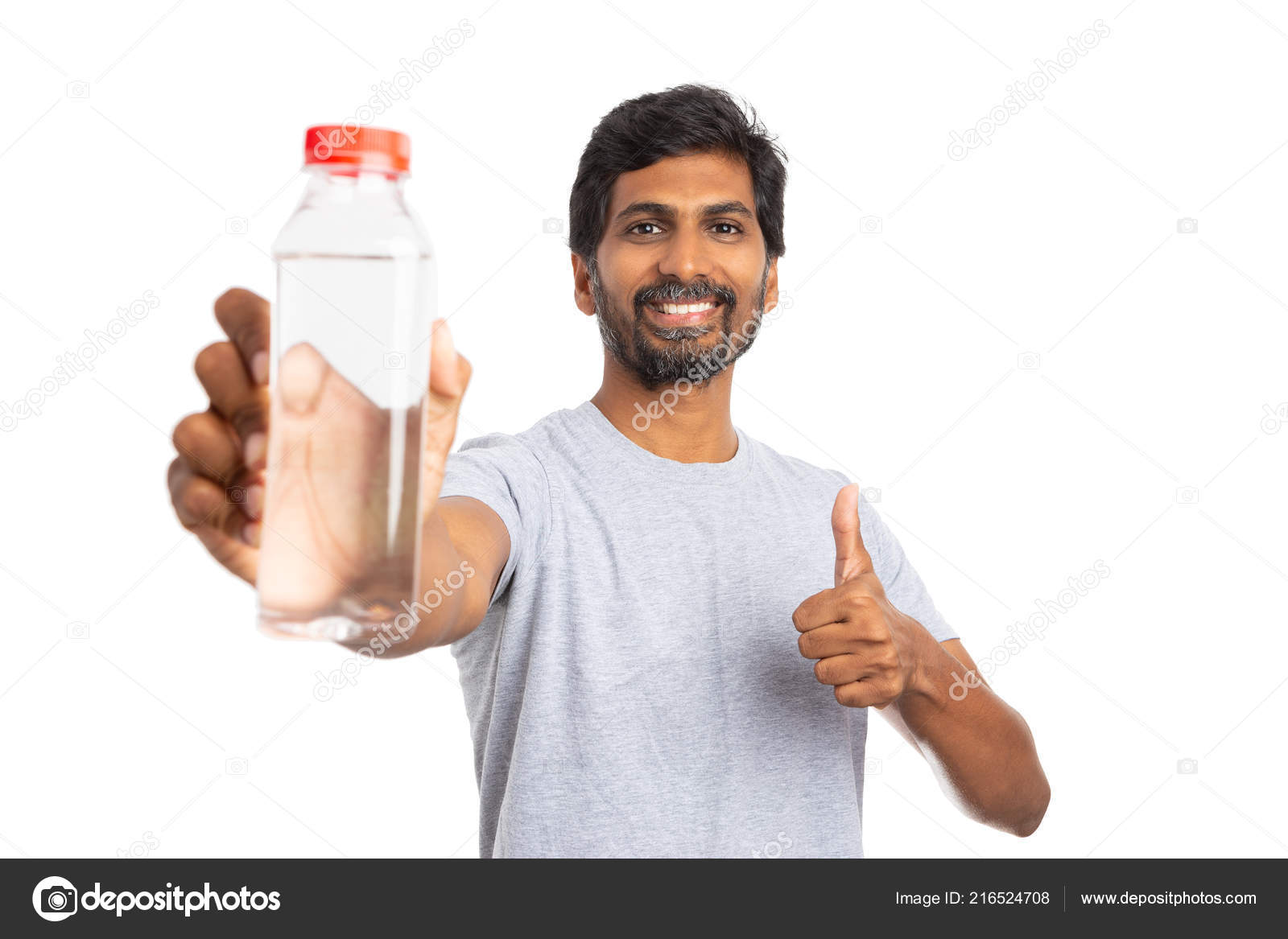 Friendly Indian Man Showing Thumb Gesture Water Bottle One Hand