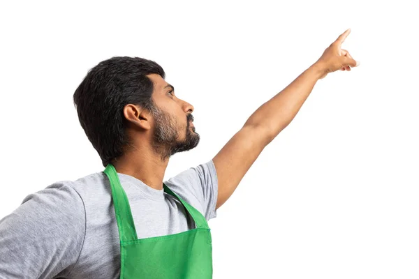 Indian Man Supermarket Hypermarket Employee Choosing Pointing Visionary Concept Isolated — Stock Photo, Image