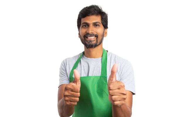 Friendly Indian Hypermarket Supermarket Male Employee Holding Two Thumbs Positive — Stock Photo, Image