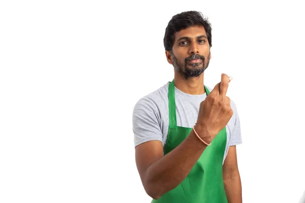 Hypermarket Supermarket Employee Crossing Fingers One Hand Symbol Bad Luck — Stock Photo, Image