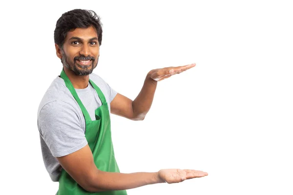 Storekeeper Hypermarket Male Employee Showing Copyspace Large Object Hands Isolated — Stock Photo, Image