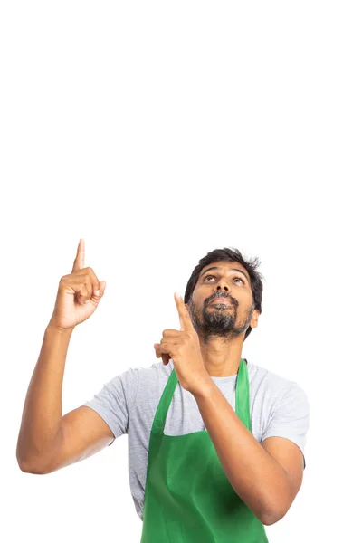Hypermarket Supermarket Indian Male Employee Pointing Looking Copy Text Area — Stock Photo, Image