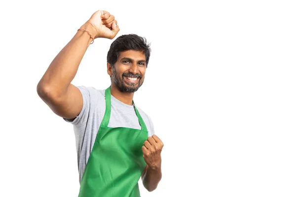 Smiling Indian Male Hypermarket Supermarket Employee Celebrating One Fist One — Stock Photo, Image