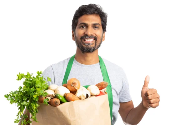 Smiling Indian Employee Fresh Product Market Store Holding Thumb Gesture — Stock Photo, Image