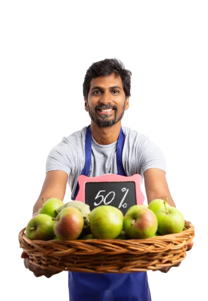 Indian Smiling Supermarket Employee Holding Organic Apple Basket Fifty Percent — Stock Photo, Image
