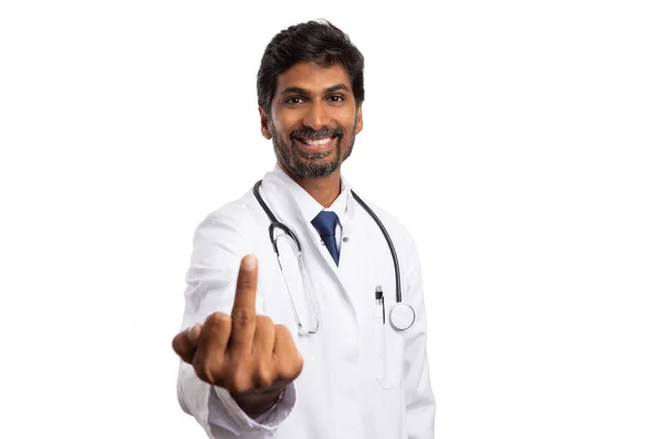 Friendly Indian Medic Mocking Someone Middle Finger Making Fun Concept — Stock Photo, Image