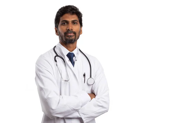 Poważny Człowiek Indian Medyka Portret Zarośla Puste Miejsce Reklamę Białym — Zdjęcie stockowe
