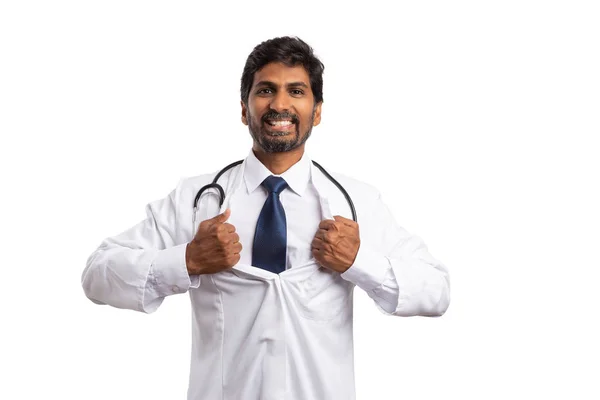 Indiase Medic Doen Superheld Gebaar Vacht Als Onthullend Concept Geïsoleerd — Stockfoto