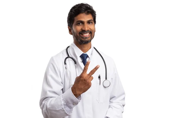 Läkare Eller Läkare Håller Upp Två Fingrar Som Andra Begrepp — Stockfoto