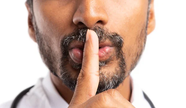 Shush Gesture Made Index Finger Mouth Indian Medic Close Isolated — Stock Photo, Image