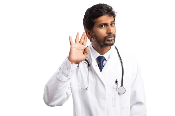 Arzt Hört Mit Der Handfläche Ohr Mit Leerem Kopierraum Auf — Stockfoto