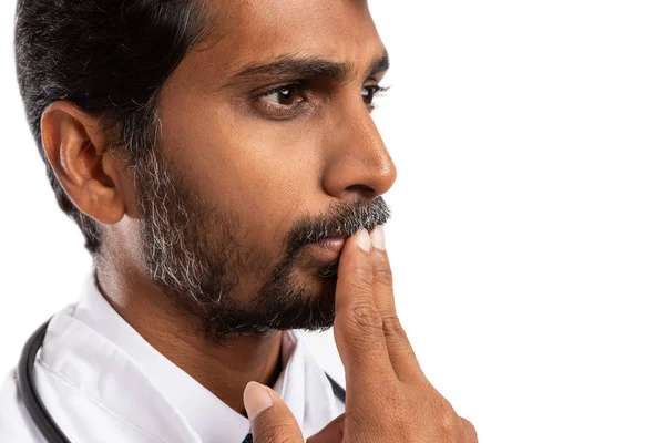 Nahaufnahme Eines Indischen Arztes Der Denkgeste Macht Wobei Die Finger — Stockfoto