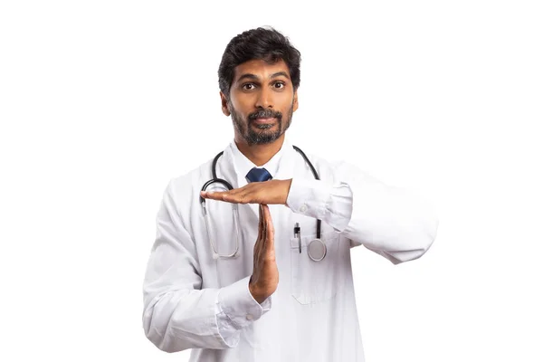 Médico Indiano Fazendo Sinal Tempo Com Palmas Das Mãos Como — Fotografia de Stock