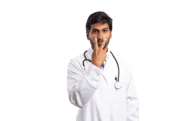 Indian Male Doctor Pointing Himself Fingers Look Eyes Pay Attention — Stock Photo, Image
