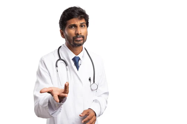 Médecin Indien Confus Faisant Geste Question Avec Main Isolée Sur — Photo
