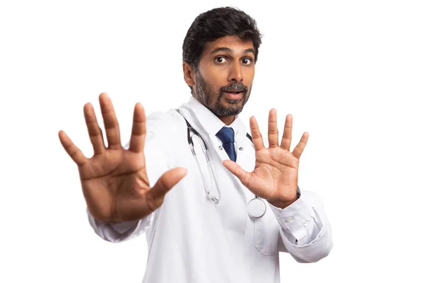 Scared Male Medic Holding Palms Camera Stay Sign Isolated White — Stock Photo, Image