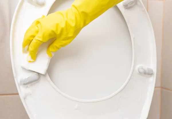 使用白色海绵清洁马桶座的人戴着卫生手套特写 — 图库照片