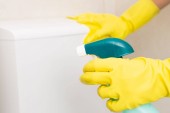 Szelektív összpontosít képe tartott személy kesztyűben szaniter tisztító wc fertőtlenítő spray