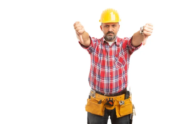 Unhappy Male Builder Two Thumbs Mad Gesture Isolated White Studio — Stock Photo, Image