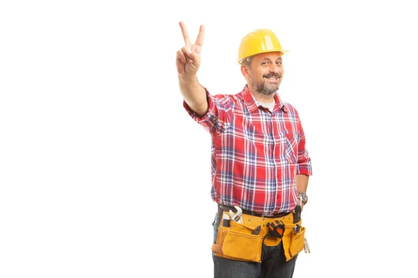 Cheerful Workman Showing Peace Victory Sign Index Middle Finger Isolated — Stock Photo, Image