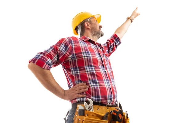 Debajo Foto Del Constructor Masculino Apuntando Hacia Arriba Con Dedo — Foto de Stock