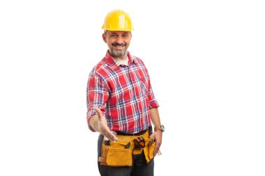 Trustorthy builder ile boşaltmak izole beyaz stüdyo arka plan üzerinde el sallamak kavram olarak