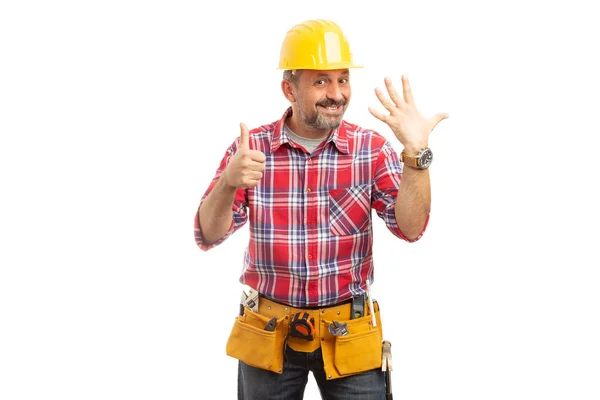 Construtor Amigável Segurando Dedos Para Cima Como Número Seis Sexto — Fotografia de Stock