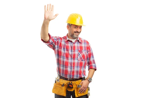 Friendly Constructor Holding Palm Cheerful Expression Greeting High Five Concept — Stock Photo, Image