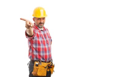 Kızgın ifade kapı jestle dışarı beyaz izole gibi işaret parmağı holding inşaat ustabaşı