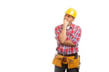 Dokunmadan süre ciddi ifade ile planlama Oluşturucusu çene ve beyaz arka plan üzerinde izole silah geçti