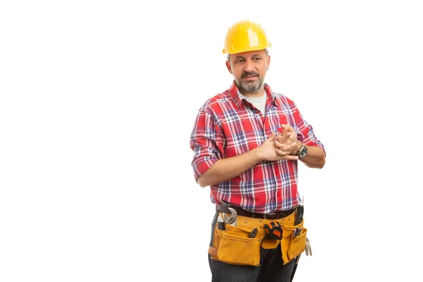 Construtor Tímido Preparando Rachando Juntas Como Conceito Nervoso Isolado Fundo — Fotografia de Stock