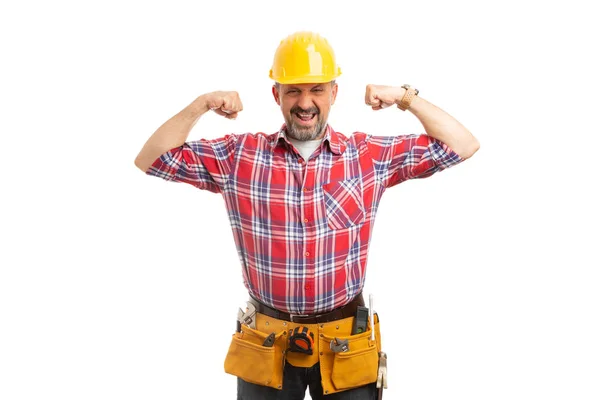 Constructor Joking Boasting Flexing Arm Muscles Isolated White Studio Background — Stock Photo, Image