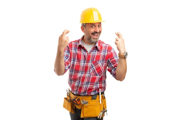 Cheerful Builder Holding Both Hands Fingers Crossed Good Luck Concept — Stock Photo, Image