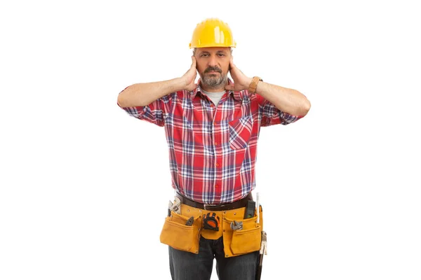 Serious Builder Covering Ears Palms Cannot Hear Concept Isolated White — Stock Photo, Image