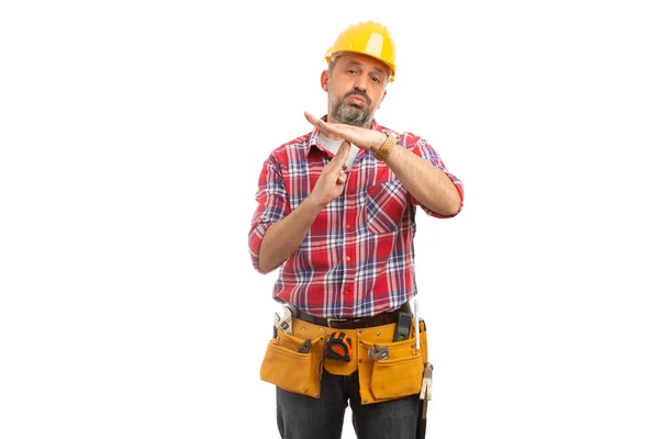 Construtor Sério Mostrando Tempo Fora Gesto Com Mãos Como Pausa — Fotografia de Stock