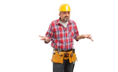 Erkek Oluşturucusu elle beyaz stüdyo arka plan üzerinde izole karışık ifade ve jest yapma
