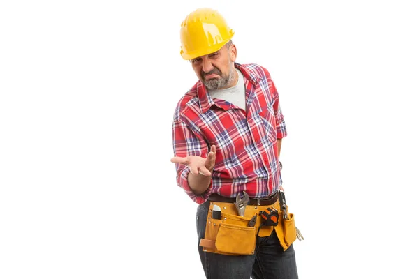 Confused Constructor Holding Hand Doubtful Concept Gesture Isolated White Studio — Stock Photo, Image