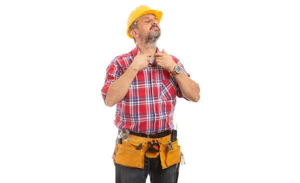 Construtor Fixação Gola Camisa Xadrez Como Preparando Para Trabalho Isolado — Fotografia de Stock