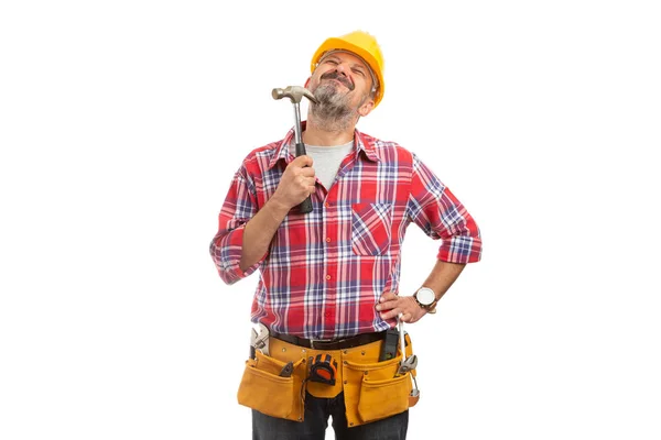 Construtor Ter Satisfeito Expressão Arranhando Queixo Com Pêlos Faciais Usando — Fotografia de Stock