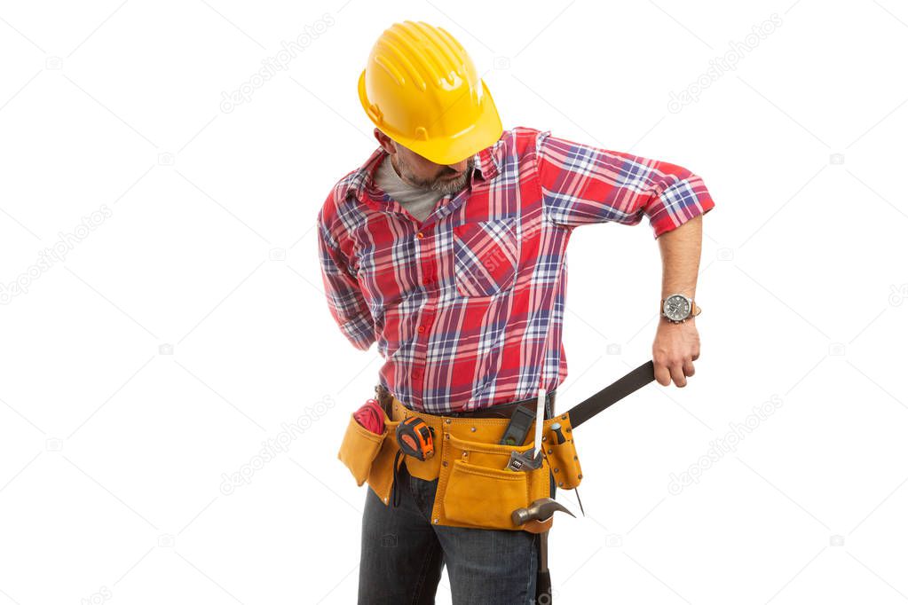 Builder taking on or off tool belt at waist as preparing concept at beginning and end of workday isolated on white background