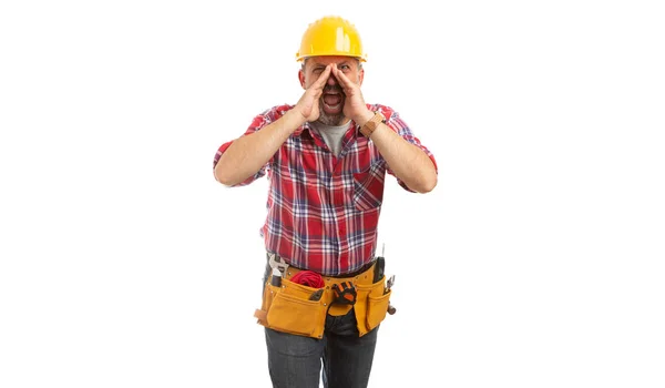 Angry constructor with hands around mouth gesture for shouting louder isolated on white