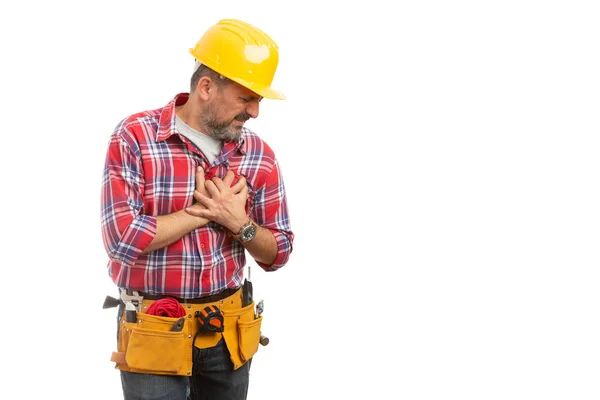 Άρρωστος Οικοδόμος Αγγίζει Στο Στήθος Καρδιακή Προσβολή Χειρονομία Κενό Copyspace — Φωτογραφία Αρχείου