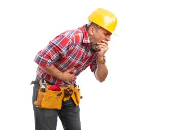 Mide bulandırıcı Oluşturucu duygu hasta mide üzerinde beyaz izole jest atmaya hazır yapmak için