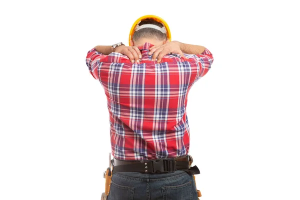 Construtor Tocando Parte Superior Das Costas Como Conceito Esticado Doloroso — Fotografia de Stock