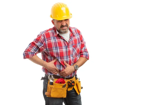 Construtor Doente Tocando Lado Direito Abdômen Como Conceito Problemas Saúde — Fotografia de Stock