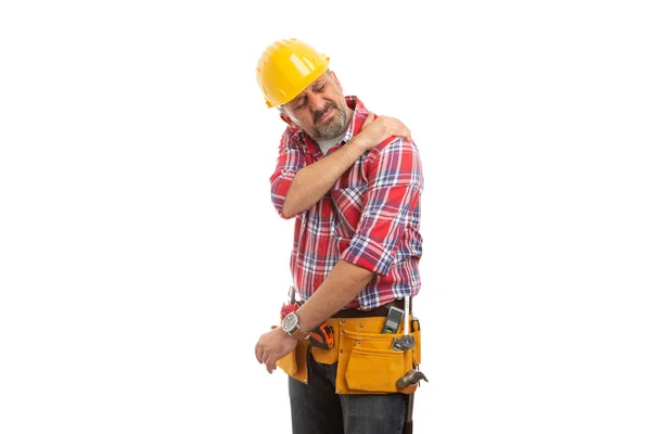 Constructor Touching Painful Strained Shoulder Physical Effort Concept Isolated White — Stock Photo, Image
