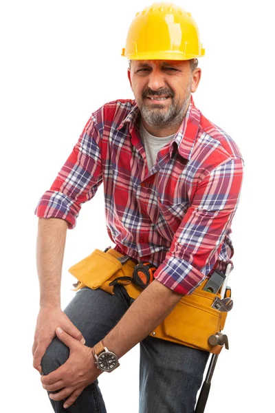 Builder Hands Painful Injured Knee Making Concerned Expression Isolated White — Stock Photo, Image