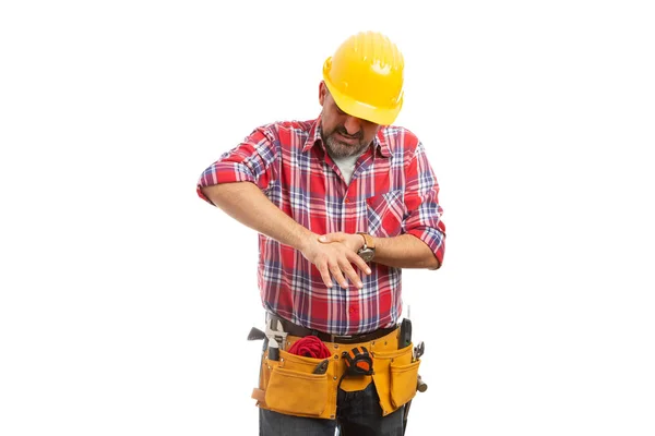 Trabalhador Construção Homem Tocando Ferido Mão Isolada Fundo Estúdio Branco — Fotografia de Stock