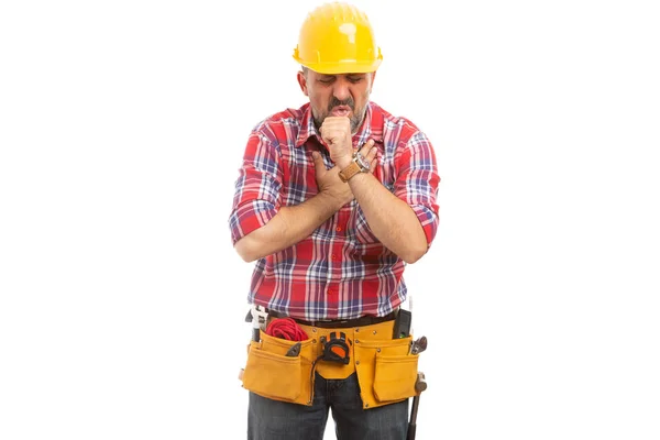 Male builder coughing as out of breath concept because of physical effort or cold isolated on white background